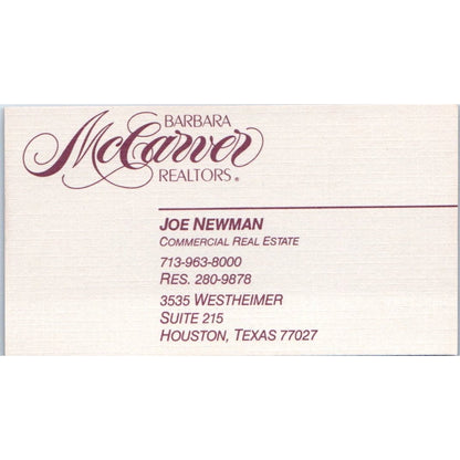 Barbara McCarver Realtor Joe Newman Houston TX Vintage Business Card SD4-B5