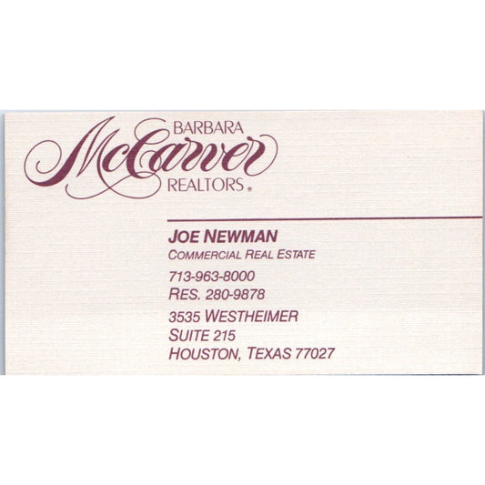 Barbara McCarver Realtor Joe Newman Houston TX Vintage Business Card SD4-B5