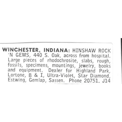 Hinshaw Rock 'N Gems Winchester Indiana 1972 Ad AF8-S22