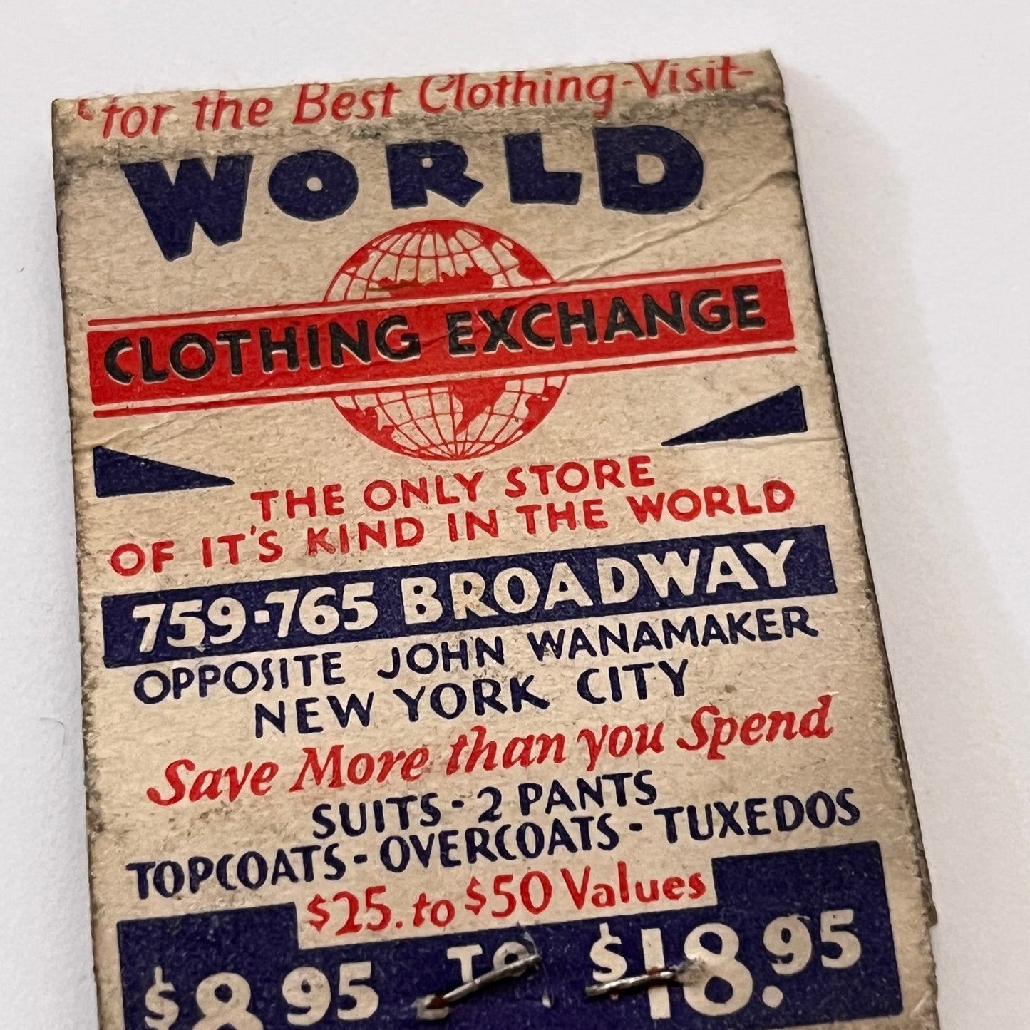 World Clothing Exchange Broadway New York City Vintage Matchbook Cover TB8-MB3-1