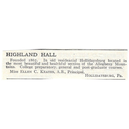 Highland Hall Hollidaysburg PA Miss Ellen C Keates c1920 Harper’s Ad AG4-S2