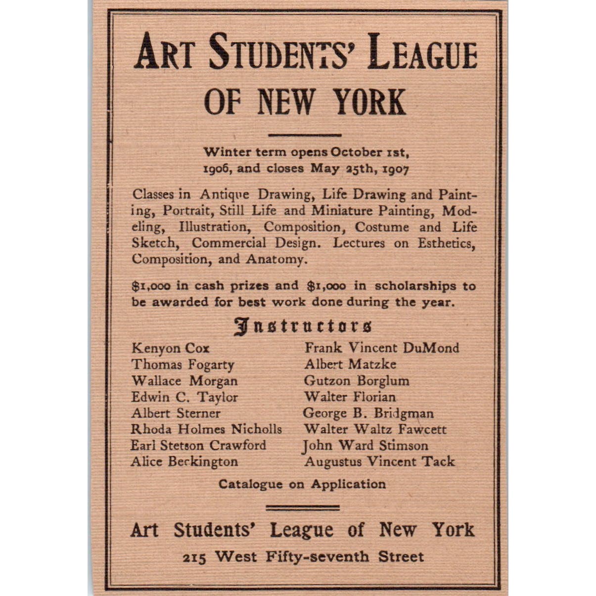 The Art Student League of New York 1906-07 Winter Term Victorian Ad AE9-MA5