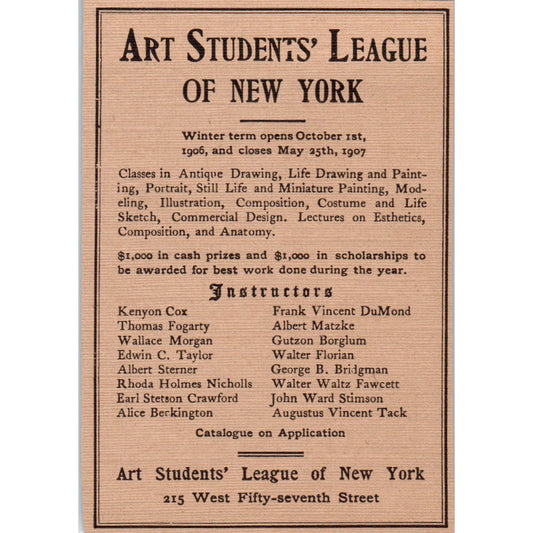 The Art Student League of New York 1906-07 Winter Term Victorian Ad AE9-MA5