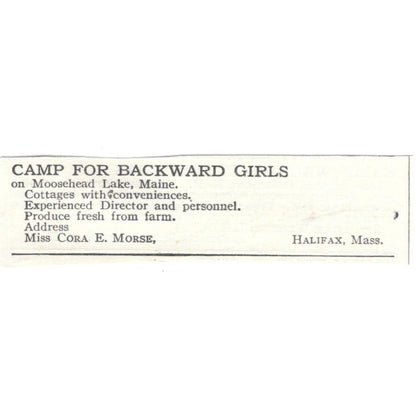 Camp for Backward Girls Moosehead Lake ME Cora E. Morse c1918 Ad AE5-SA11