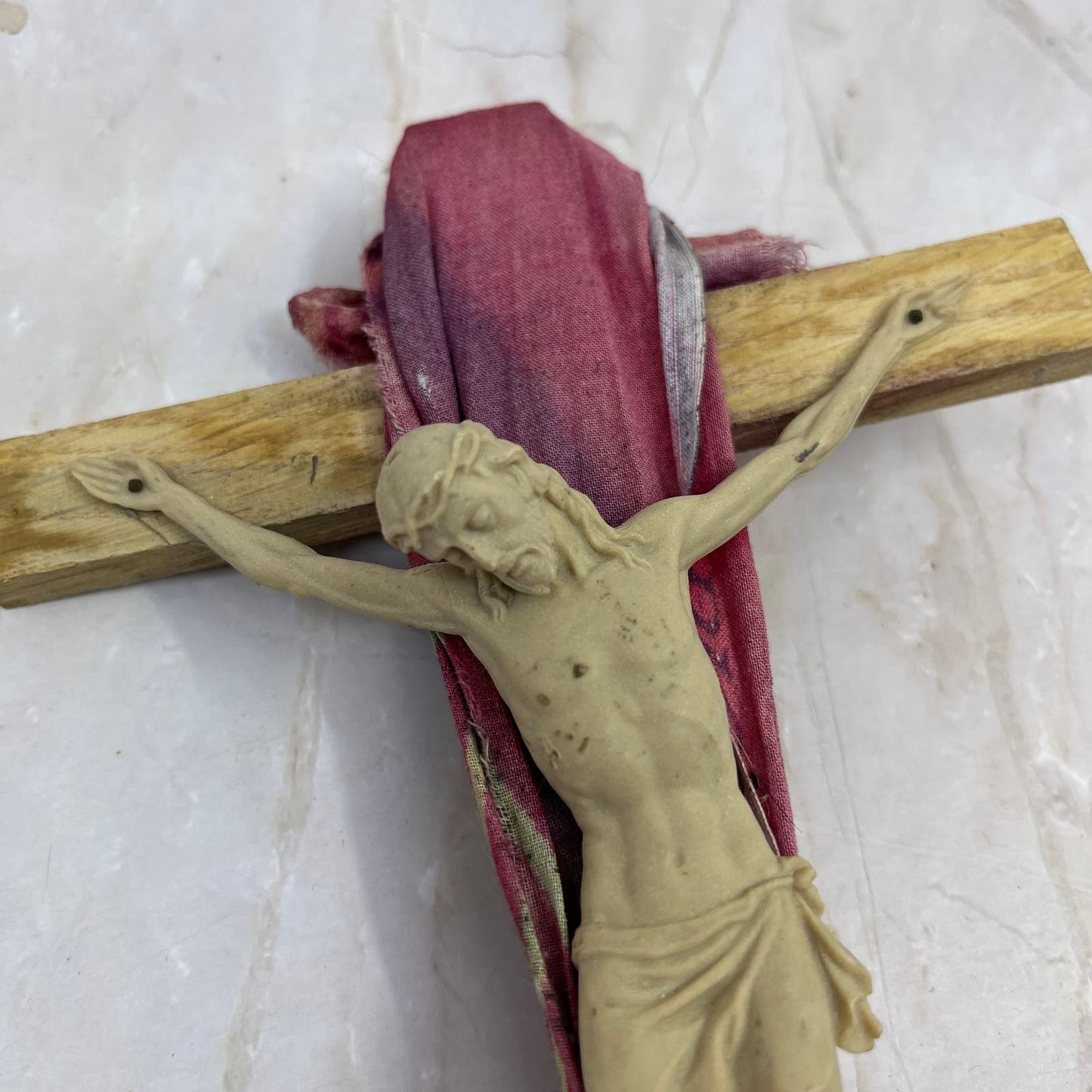 Vintage Handmade Crucifix Jesus on Cross Wood & Cloth 12x6 TD5