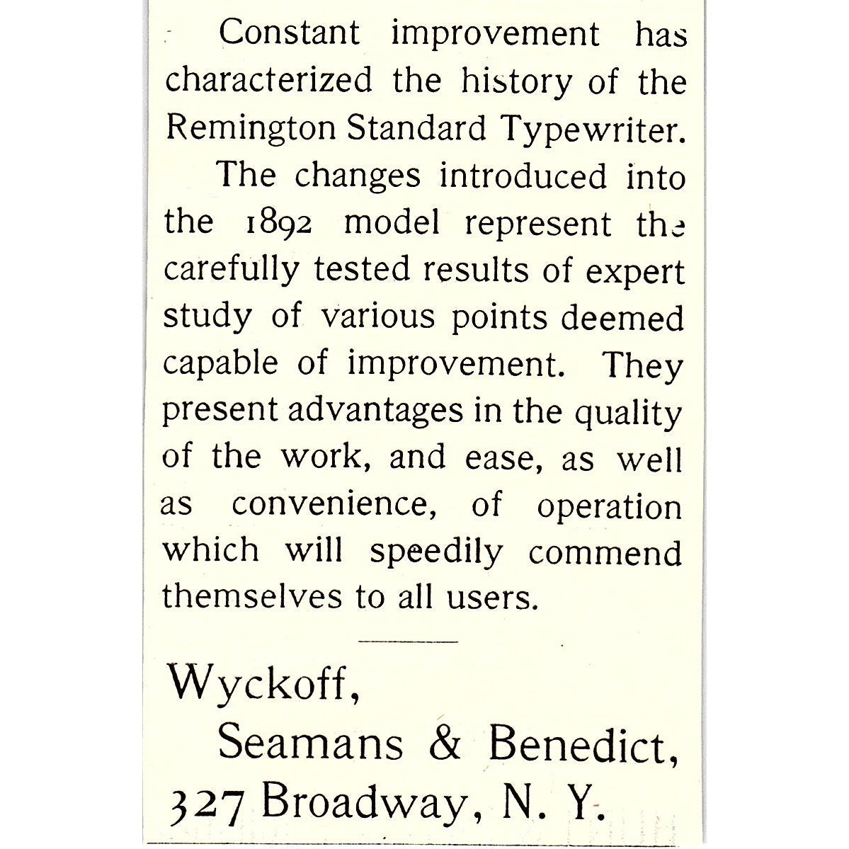 Wyckoff, Seamans & Benedict Remington Standard Typewriter NY 1892 Ad AG2-M12