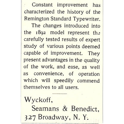 Wyckoff, Seamans & Benedict Remington Standard Typewriter NY 1892 Ad AG2-M12