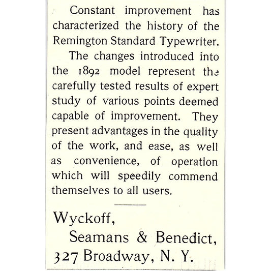 Wyckoff, Seamans & Benedict Remington Standard Typewriter NY 1892 Ad AG2-M12