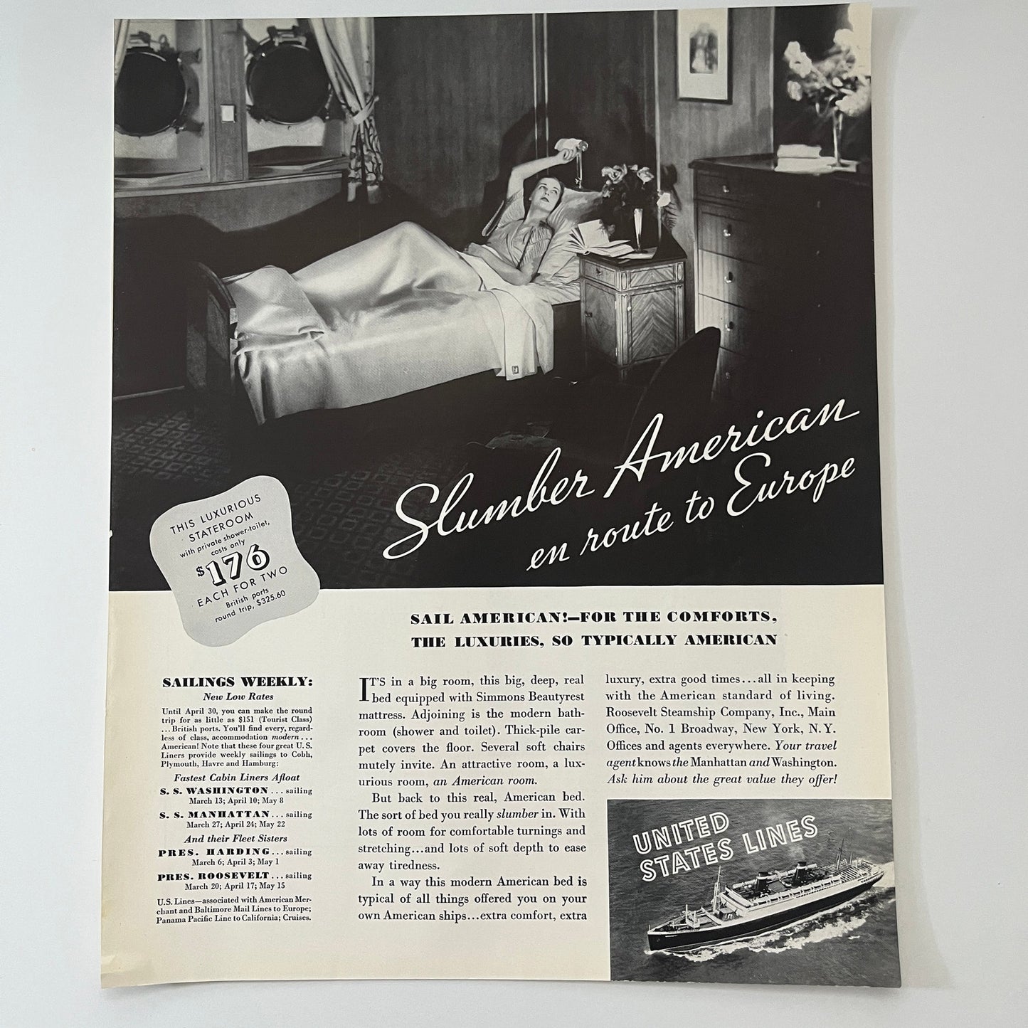 United States Lines Sail America SS Washington SS Manhattan 1935 Ad V1-5