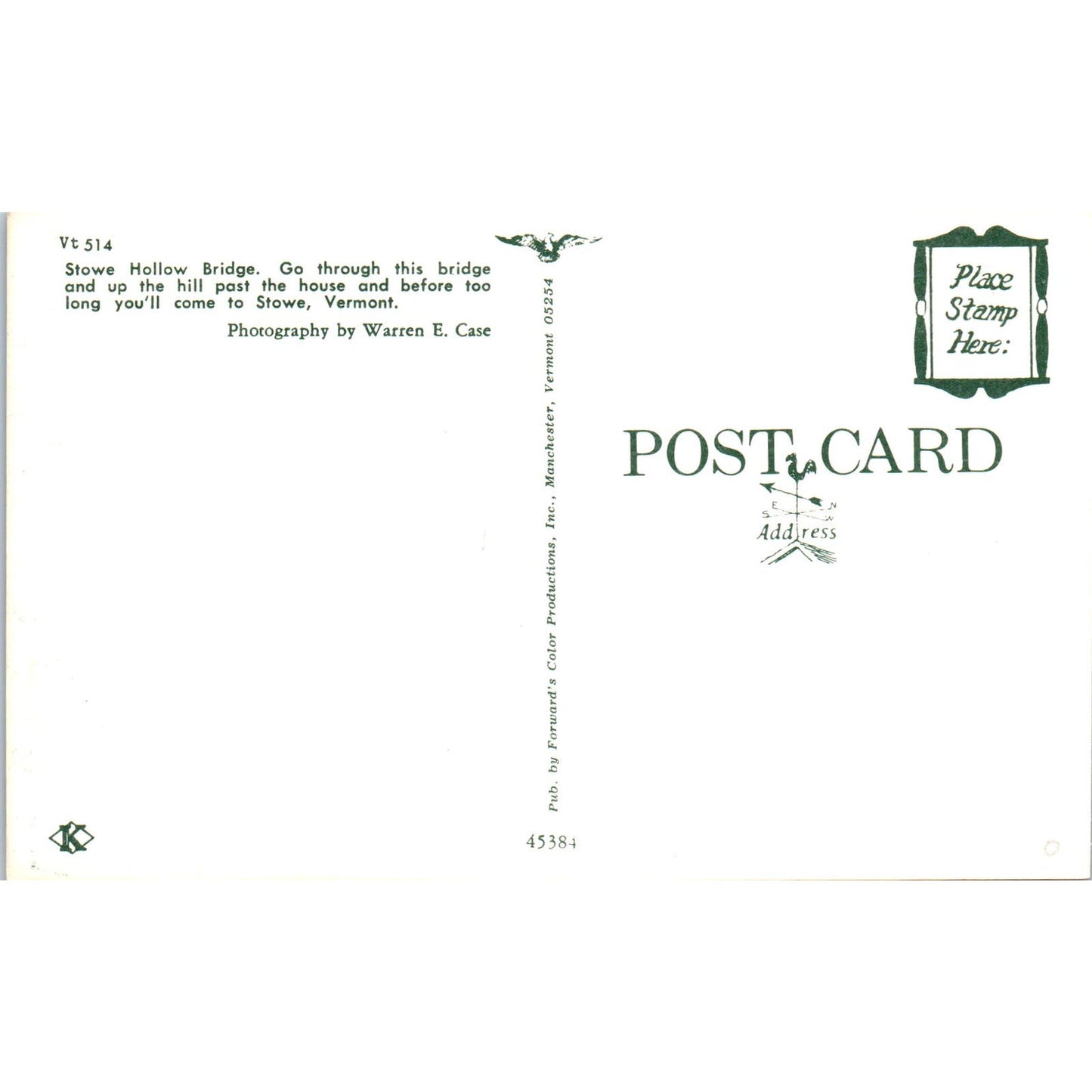 Stowe Hollow Bridge Stowe Vermont Covered Bridge Postcard PB12