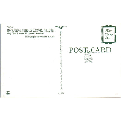 Stowe Hollow Bridge Stowe Vermont Covered Bridge Postcard PB12