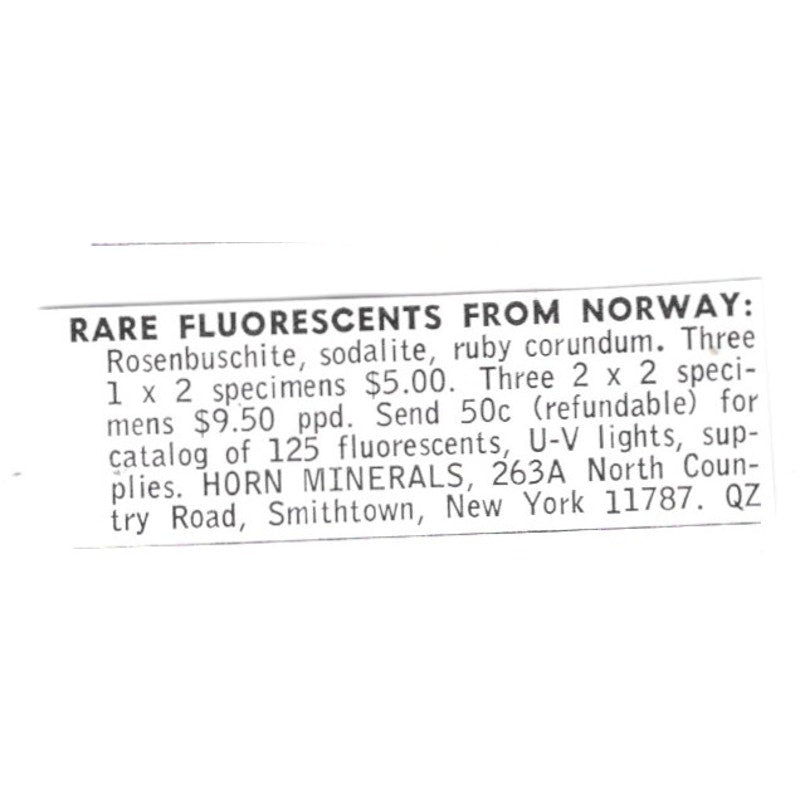 Horn Minerals Fluorescents from Norway Smithtown NY 1972 Ad AF8-S9