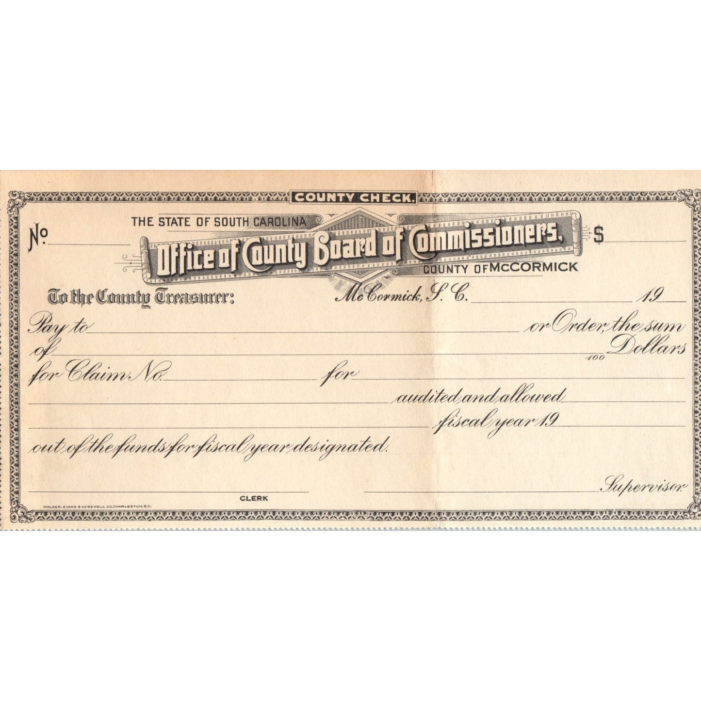 c1910 South Carolina Office McCormick County Board of Commissioners Check AD8-R6