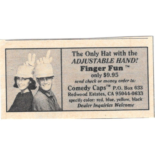 Finger Fun Adjustable Novelty Hat- Comedy Caps Redwood Estates CA 1984 Ad AF8-S7