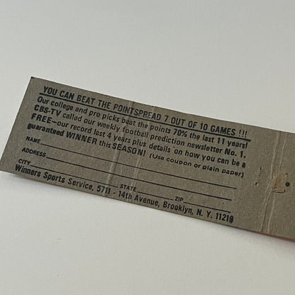 Football Fans Beat the Points Winners Sports Brooklyn Matchbook Cover MM5-7
