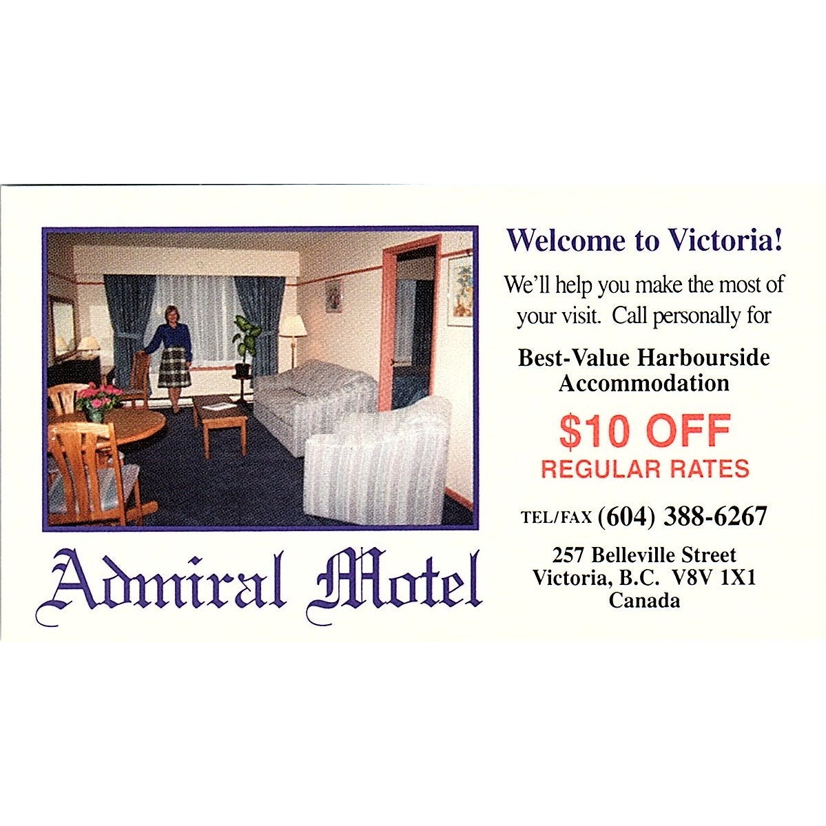 Admiral Motel Victoria British Columbia Vintage Business Card TH2-B1
