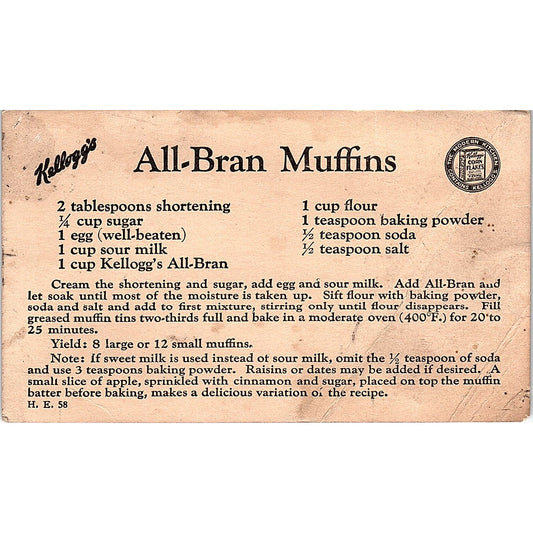 1958 Kellogg's All-Bran Muffins Recipe Card AG5-M1