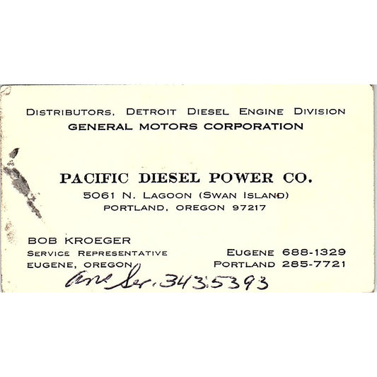 Pacific Diesel Power Co. Bob Kroeger Eugene Oregon Business Card SB4-B5