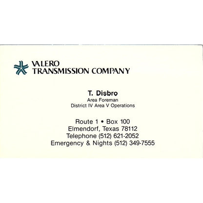 T. Disbro Valero Transmission Co Elmendorf TX Vintage Business Card SE3-B13