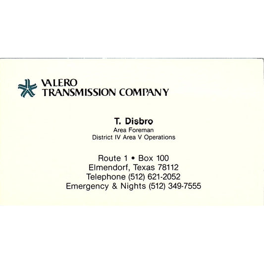 T. Disbro Valero Transmission Co Elmendorf TX Vintage Business Card SE3-B13