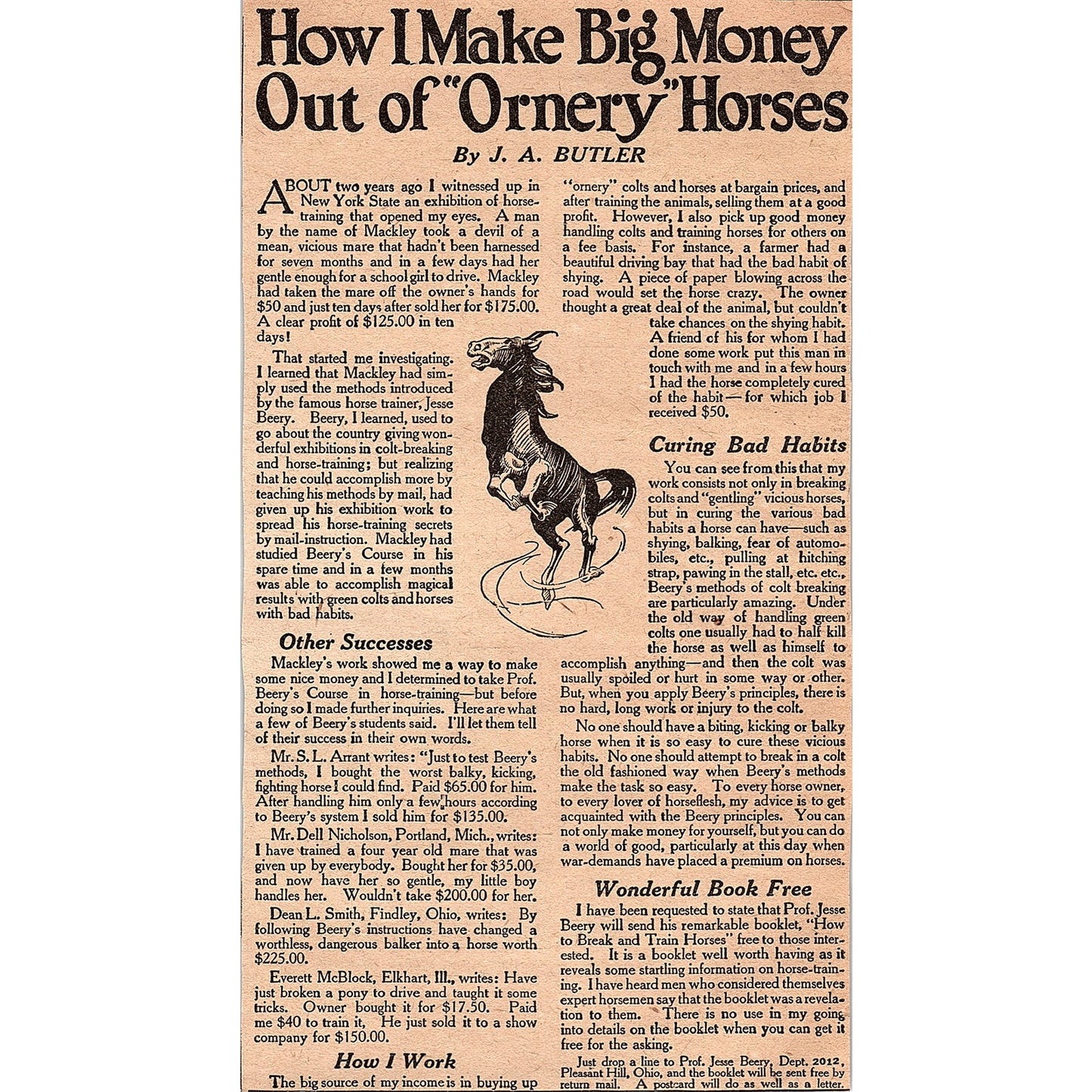 How I Make Big Money Out of Ornery Horses J.A. Butler Jesse Beery 1920 Ad AG2-6