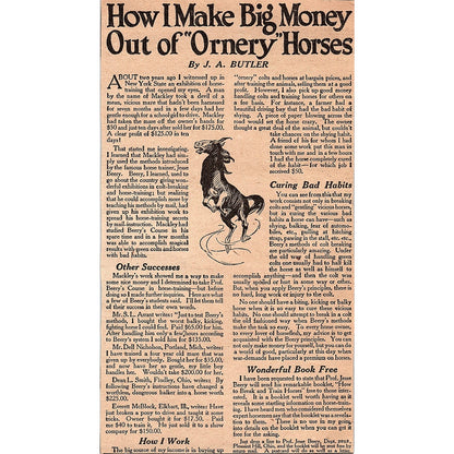 How I Make Big Money Out of Ornery Horses J.A. Butler Jesse Beery 1920 Ad AG2-6