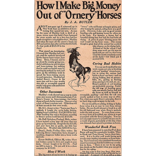 How I Make Big Money Out of Ornery Horses J.A. Butler Jesse Beery 1920 Ad AG2-6