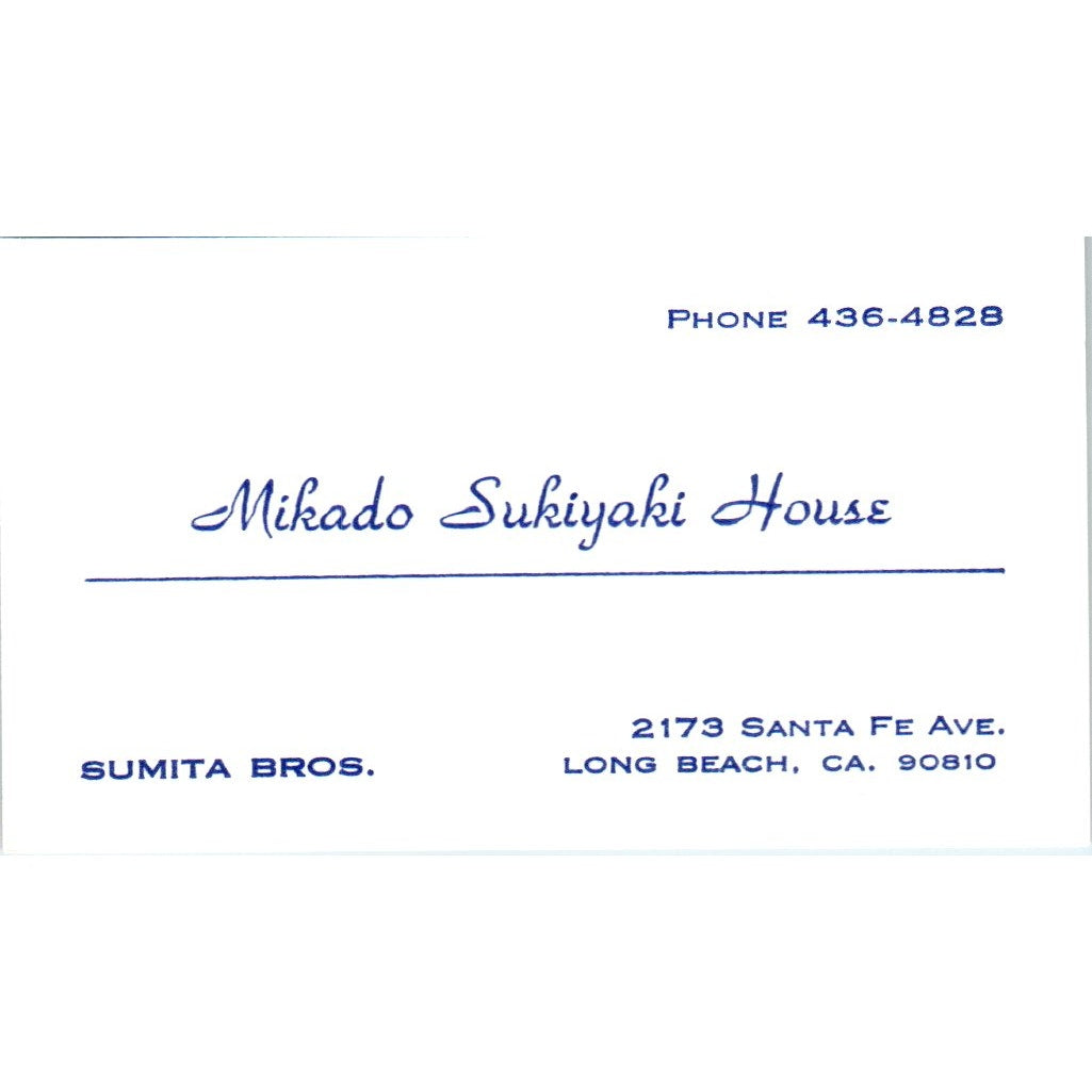 Mikado Sukiyaki House Sumita Bros Long Beach CA Vintage Business Card SE3-B6