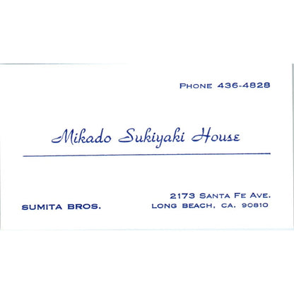 Mikado Sukiyaki House Sumita Bros Long Beach CA Vintage Business Card SE3-B6