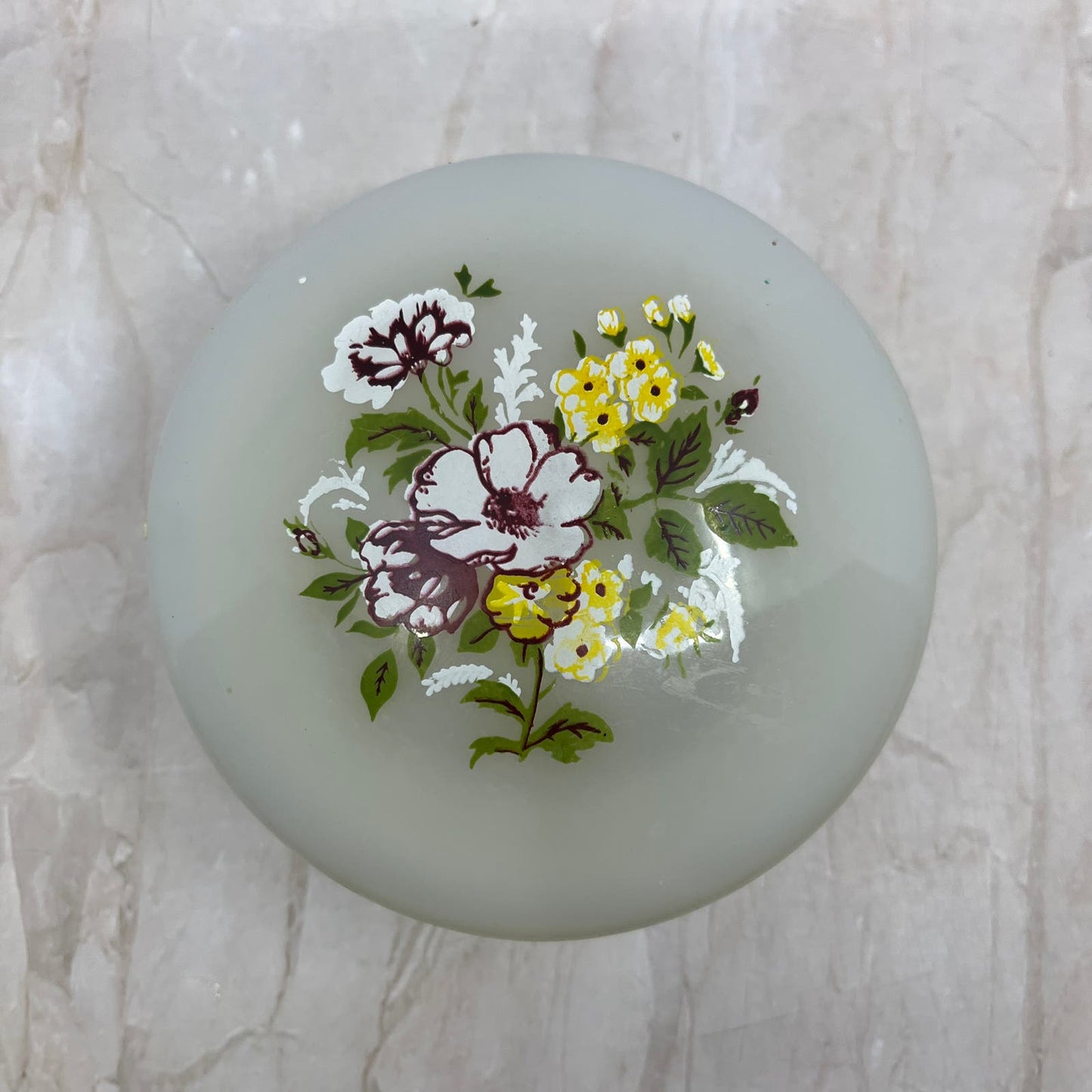 Vintage Celluloid Trinket Box Round Floral White Hinged Lid 4.25” TF5
