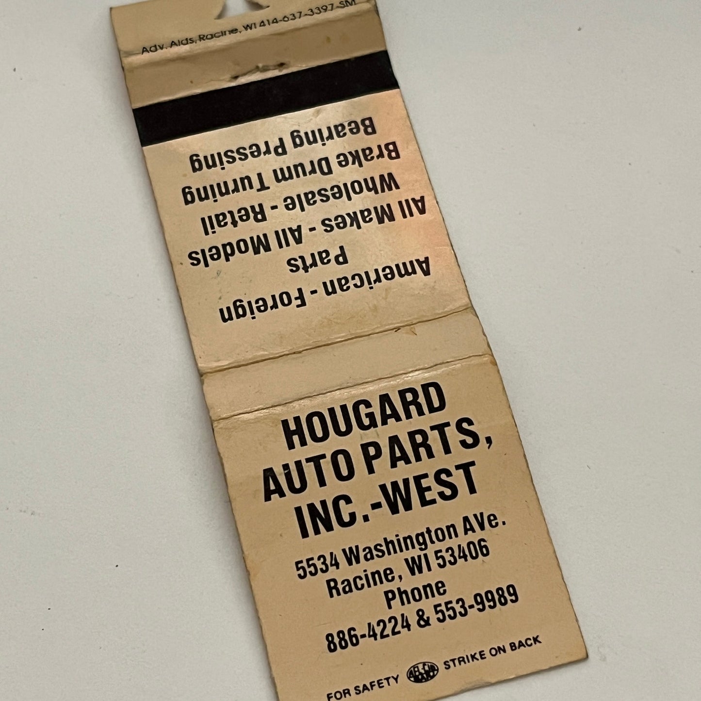 Hougard Auto Parts Inc West Racine WI Vintage Matchbook TB6-MB2-14