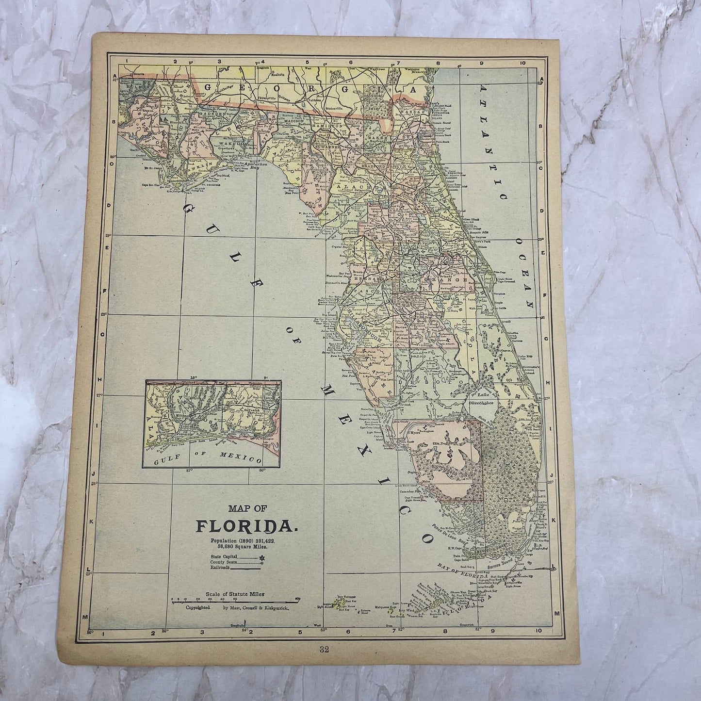 1899 Map of Florida 10x13 Original Tinted Map Engraving FL6-8