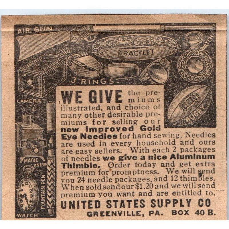 Gold Eye Needles United States Supply Co Greenville PA 1910 Magazine Ad AF1-CM2
