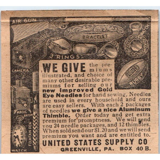 Gold Eye Needles United States Supply Co Greenville PA 1910 Magazine Ad AF1-CM2