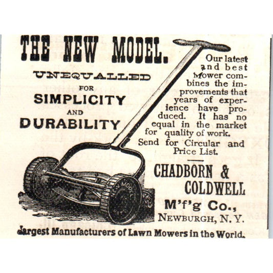 Chadborn & Coldwell Mfg Co Lawn Mowers Newburgh NY c1890 Victorian Ad AE8-CH8