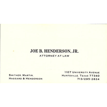 Joe B Henderson Jr Attorney Huntsville TX Vintage Business Card SE3-B12
