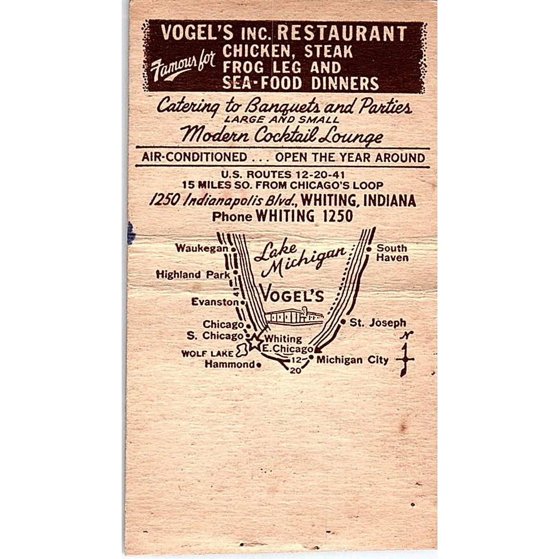 Vogel's Restaurant Whiting Indiana Vintage Matchbook Cover SC7-Y3