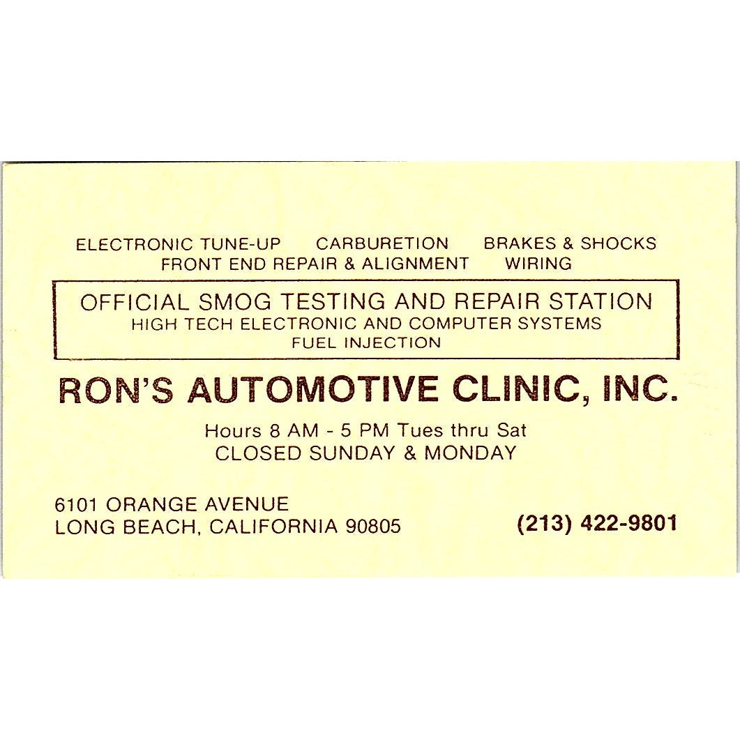Ron's Automotive Clinic Inc Long Beach CA Vintage Business Card SE3-B14