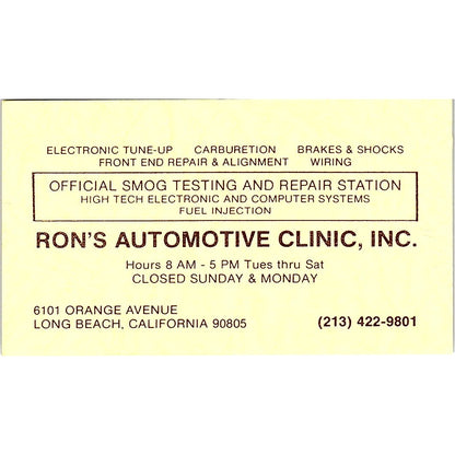 Ron's Automotive Clinic Inc Long Beach CA Vintage Business Card SE3-B14
