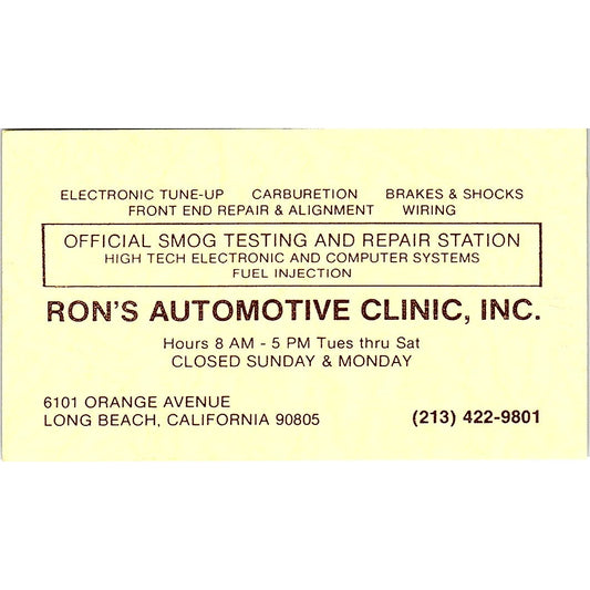 Ron's Automotive Clinic Inc Long Beach CA Vintage Business Card SE3-B14