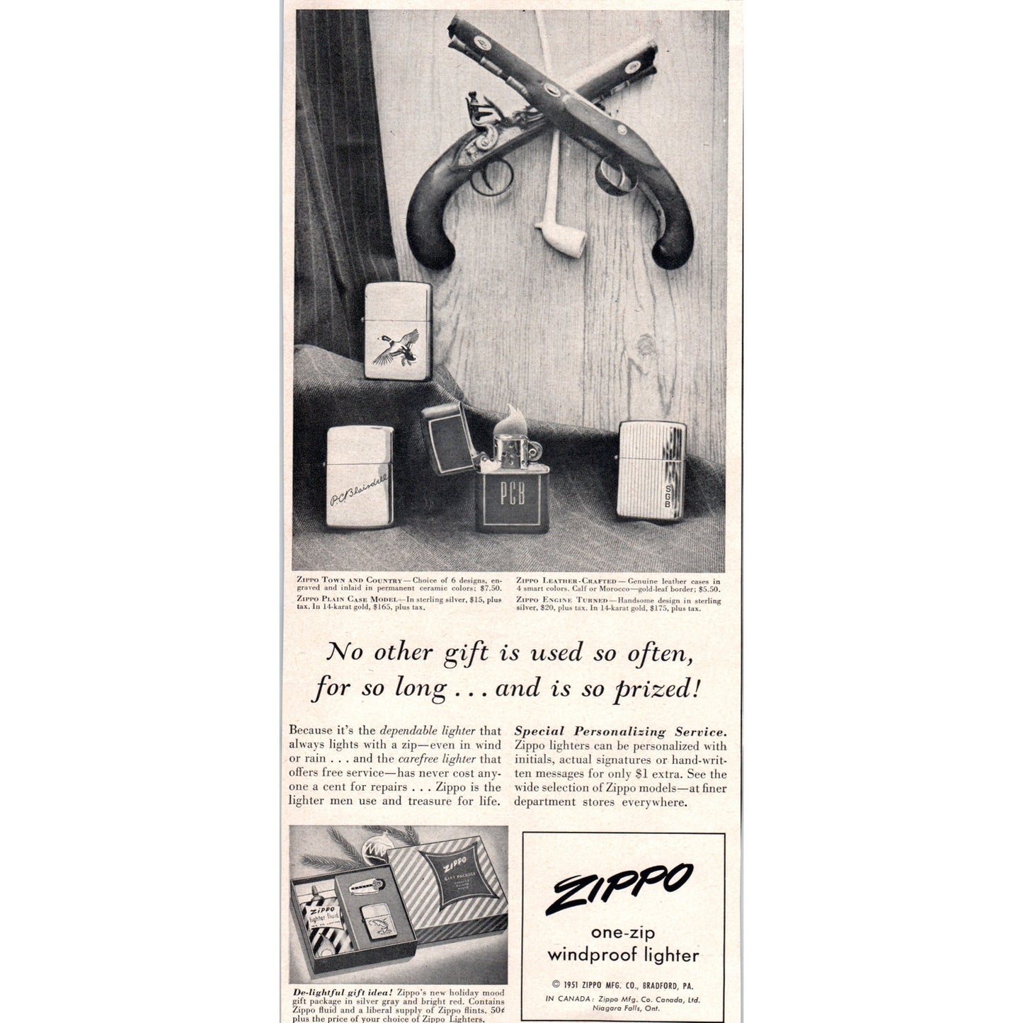 Zippo Christmas Gift Box Bradford PA 1951 Magazine Ad D17