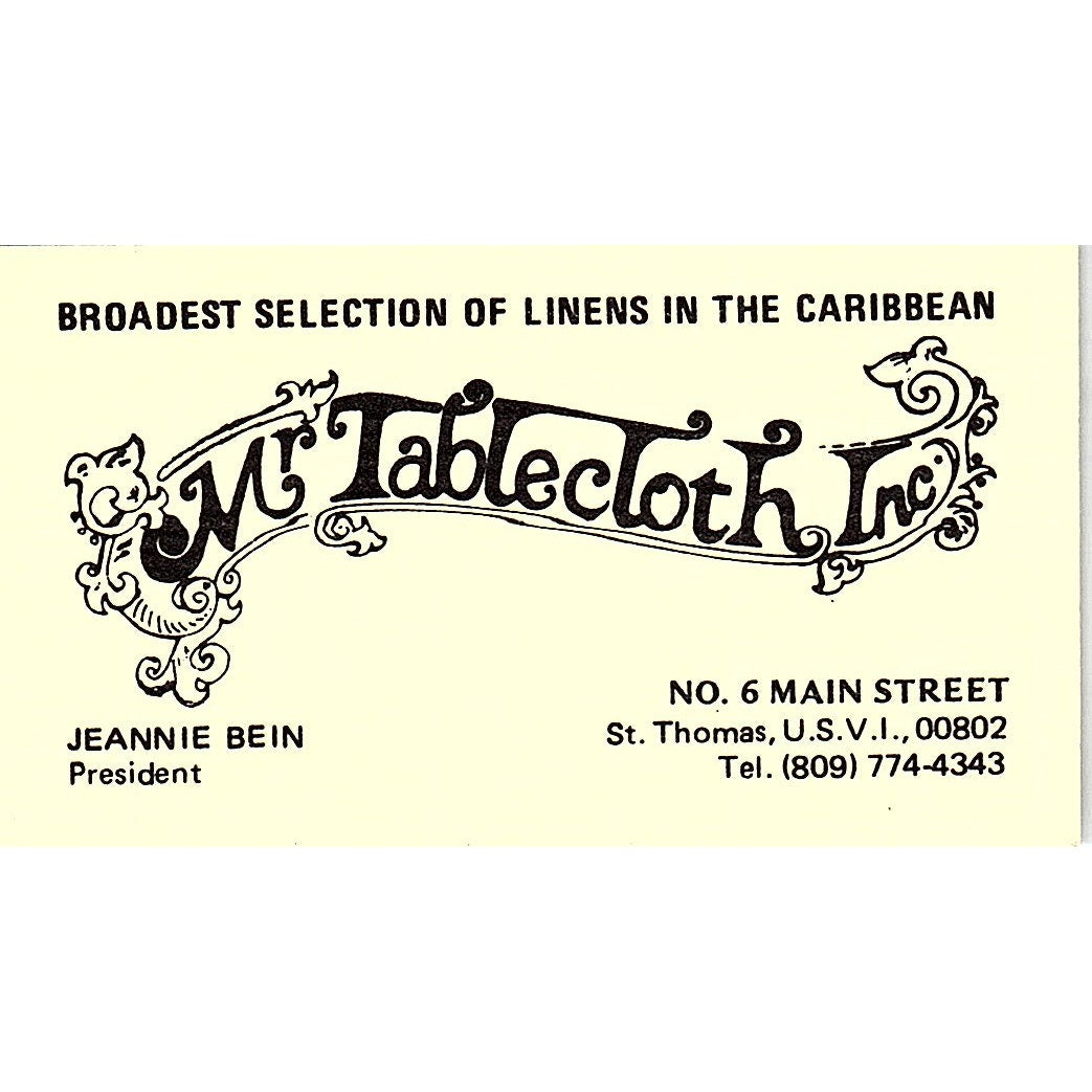 Mr Tablecloth Jeannie Bein St. Thomas U.S.V.I. Vintage Business Card SF3-B4