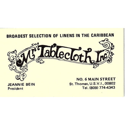 Mr Tablecloth Jeannie Bein St. Thomas U.S.V.I. Vintage Business Card SF3-B4
