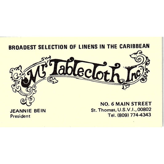 Mr Tablecloth Jeannie Bein St. Thomas U.S.V.I. Vintage Business Card SF3-B4