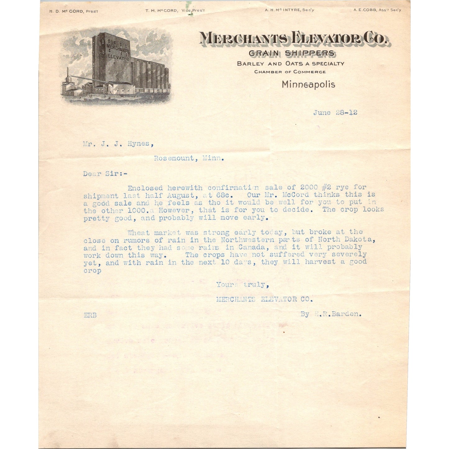 Merchant's Elevator Co Grain Shippers Minneapolis 1912 Letterhead Billhead K24