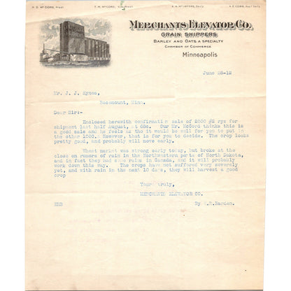 Merchant's Elevator Co Grain Shippers Minneapolis 1912 Letterhead Billhead K24