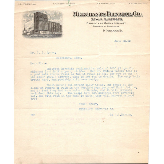 Merchant's Elevator Co Grain Shippers Minneapolis 1912 Letterhead Billhead K24