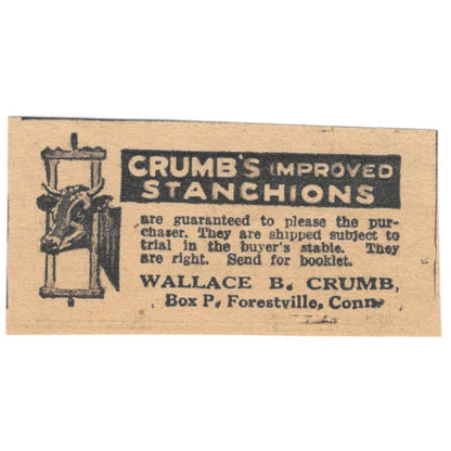 Wallace B. Crumb Improved Stanchions Forestville CT 1922 Magazine Ad AF2-T7