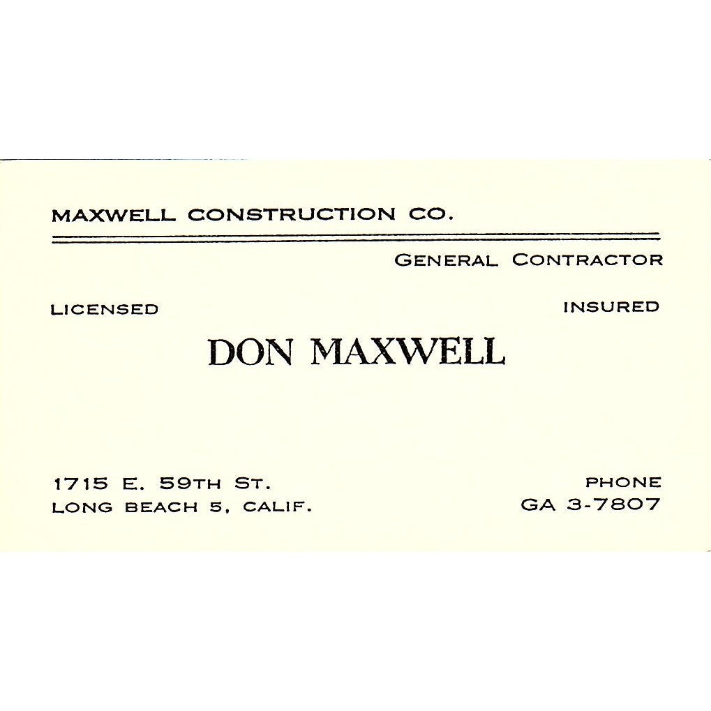Maxwell Construction Co Don Maxwell Long Beach CA Vintage Business Card SD9-B3