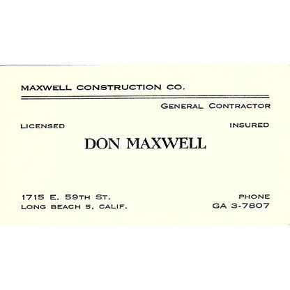 Maxwell Construction Co Don Maxwell Long Beach CA Vintage Business Card SD9-B3